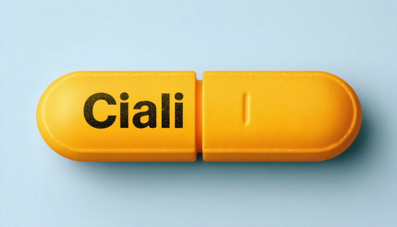 Blister pack of Cialis tablets on a bedside table with a glass of water, symbolizing medical treatment for erectile dysfunction